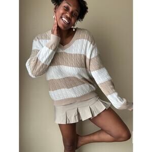 Brandy Melville Beige and White Striped Relaxed Cable Knit Sweater One Size